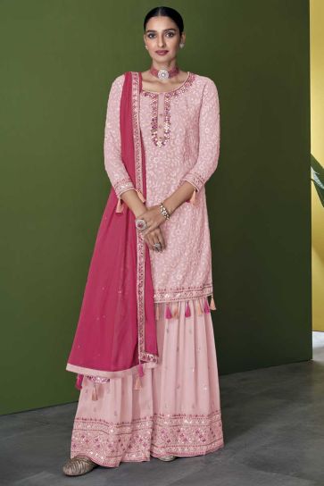 Function Wear Georgette Fabric Pink Color Enticing Palazzo Suit