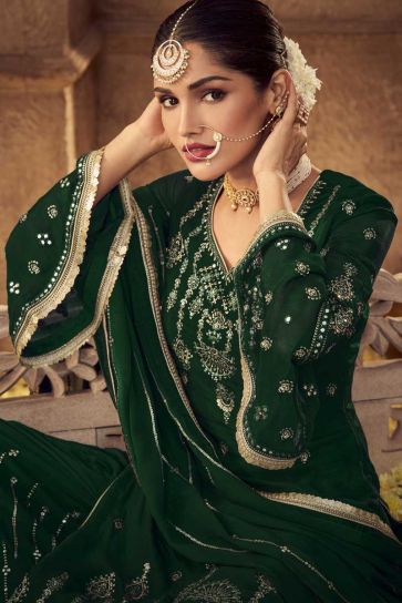 Vartika Singh Georgette Fabric Brilliant Palazzo Suit In Dark Green Color