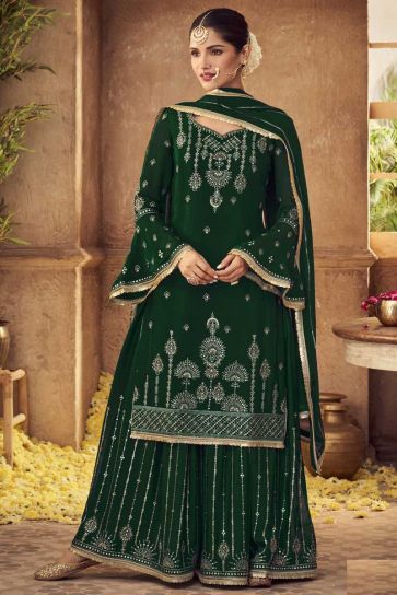 Vartika Singh Georgette Fabric Brilliant Palazzo Suit In Dark Green Color
