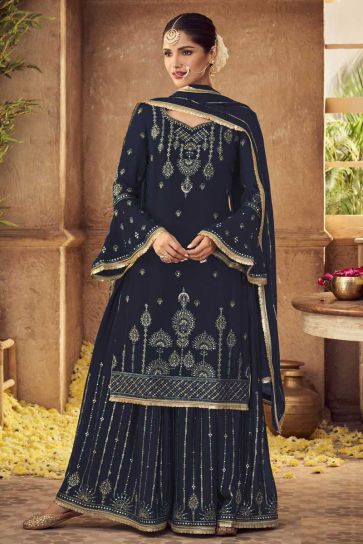 Vartika Singh Georgette Fabric Navy Blue Color Stunning Palazzo Suit In 