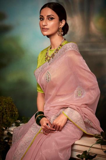Art Silk Fabric Pink Color Engrossing Fancy Work Saree