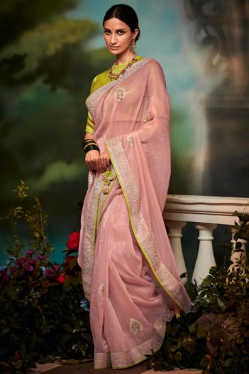 Art Silk Fabric Pink Color Engrossing Fancy Work Saree