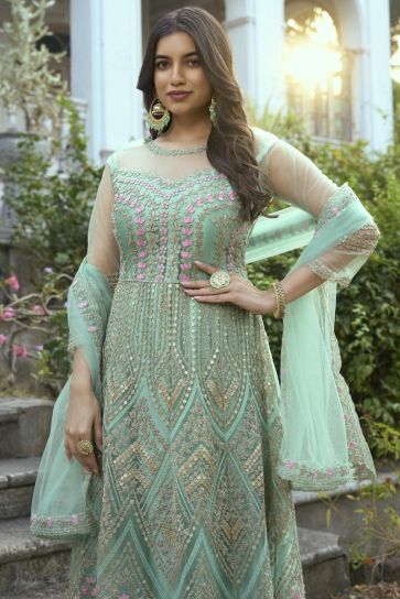 Fascinating Sea Green Color Net Fabric Function Style Anarkali Suit