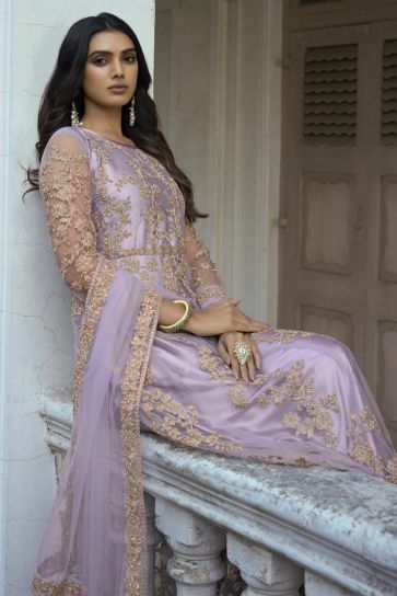 Dazzling Net Fabric Lavender Color Function Style Anarkali Suit
