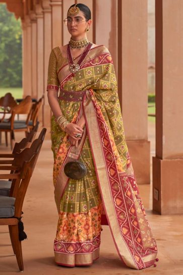 Olive Color Patola Silk Magnificent Saree In Function Wear
