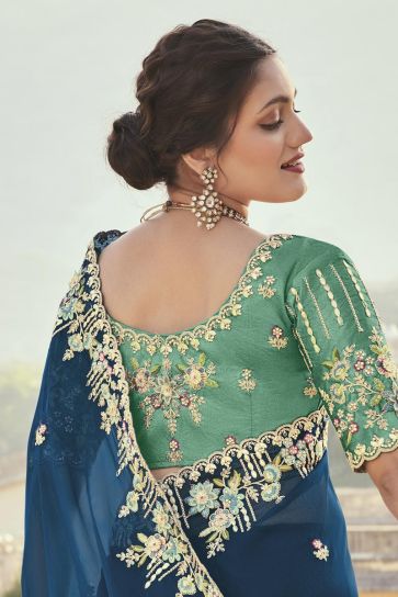 Silk Fabric Function Wear Wondrous Embroidered Saree In Teal Color