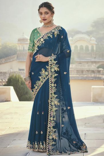 Silk Fabric Function Wear Wondrous Embroidered Saree In Teal Color