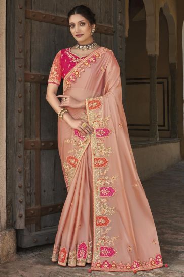Function Wear Silk Fabric Peach Color Supreme Embroidered Saree