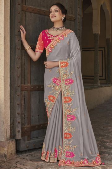 Grey Color Silk Fabric Function Wear Adroit Embroidered Saree