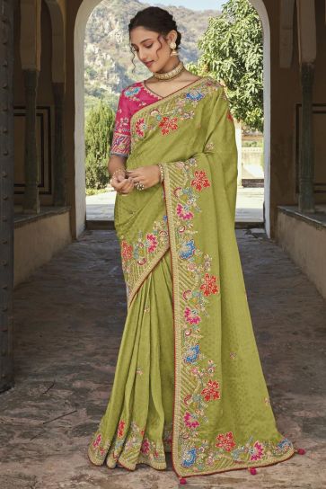Green Color Function Wear Silk Fabric Incredible Embroidered Saree