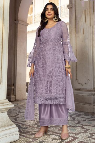 Lavender Color Net Fabric Function Style Classic Palazzo Suit