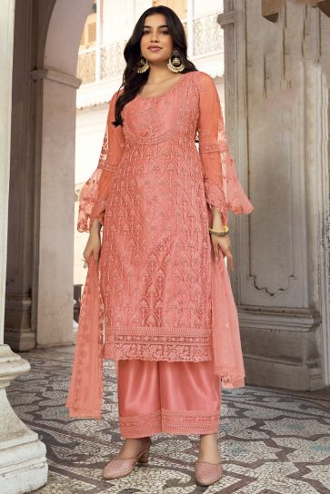 Net Fabric Function Style Beatific Palazzo Suit In Peach Color