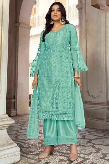 Function Style Sea Green Color Inventive Palazzo Suit In Net Fabric