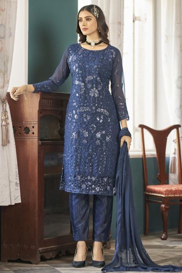 Georgette Fabric Blue Color Function Wear Soothing Salwar Suit