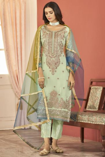 Georgette Fabric Sea Green Color Function Wear Delicate Salwar Suit
