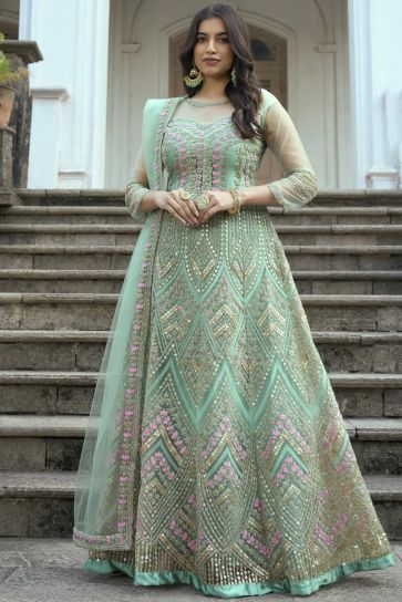 Sea Green Color Embroidered Winsome Net Anarkali Suit