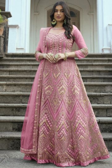 Creative Embroidered Net Anarkali Suit In Pink Color