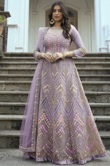 Tempting Lavender Color Embroidered Net Anarkali Suit