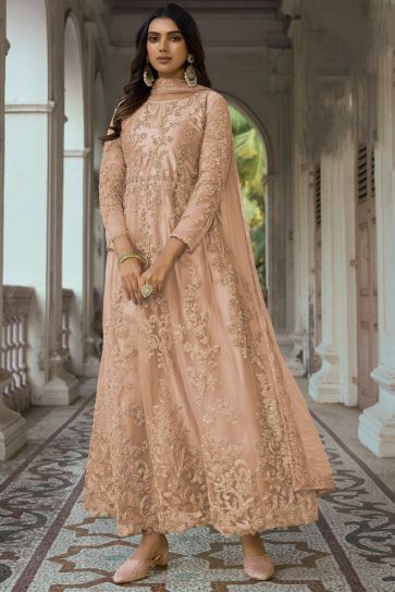 Beige Net Abaya Style Anarkali Suit In Dori Embrridered