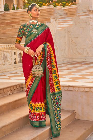 Red Cotton Patola Silk Embroidered Printed Saree