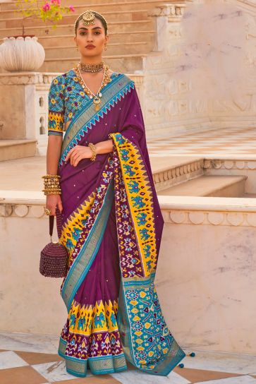 Printed Embroidered Patola Cotton Silk Purple Saree