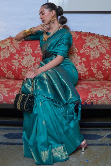 Weaving Work On Flamboyant Art Silk Fabric Party Look Saree In Teal Color