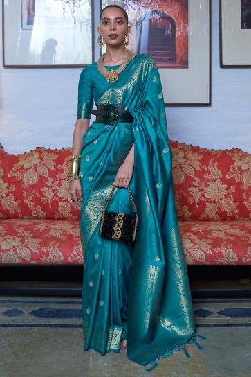 Weaving Work On Flamboyant Art Silk Fabric Party Look Saree In Teal Color