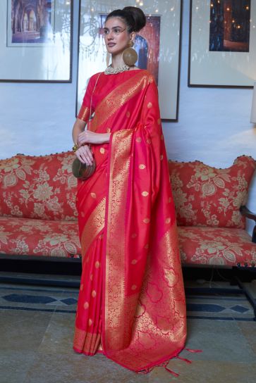 Weaving Work On Captivating Art Silk Fabric Party Look Saree In Red Color