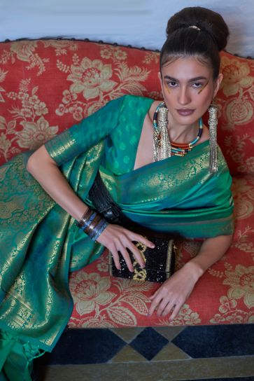 Weaving Work On Awesome Art Silk Fabric Party Look Saree In Green Color