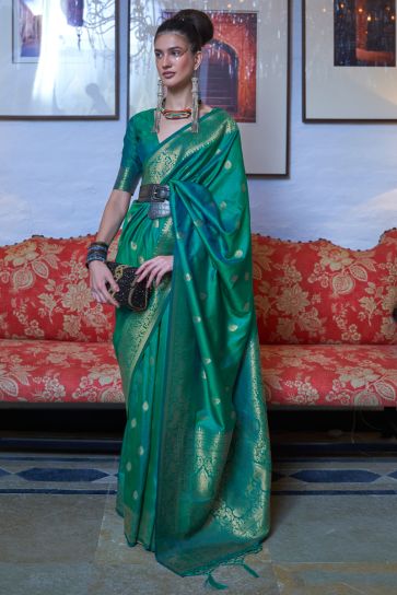 Weaving Work On Awesome Art Silk Fabric Party Look Saree In Green Color
