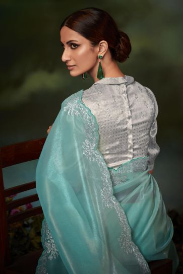 Fancy Work Party Style Mesmeric Art Silk Saree In Sky Blue Color