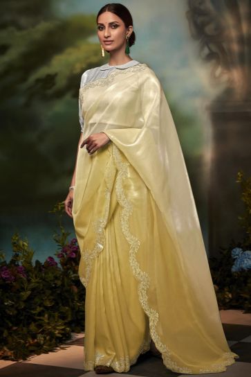 Fancy Work Party Style Wondrous Art Silk Saree In Yellow Color