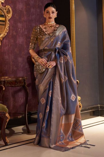 Radiant Weaving Work On Blue Color Art Silk Fabric Saree