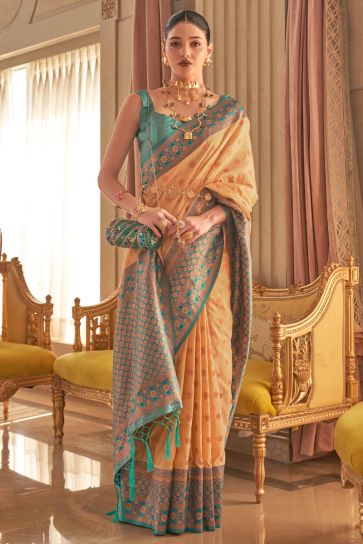Amazing Silk Fabric Weaving Designs Orange Color Saree