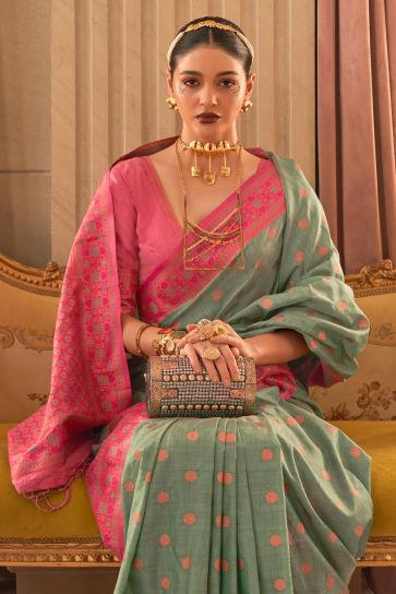 Sea Green Color Vintage Silk Fabric Weaving Designs Saree
