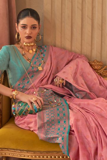 Creative Pink Color Silk Fabric Weaving Designs Saree