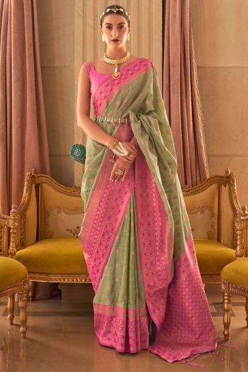Olive Color Lavish Silk Fabric Weaving Designs Saree