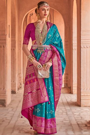 Cyan Color Bright Art Silk Fabric Casual Patola Saree