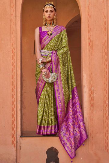 Elegant Art Silk Fabric Casual Patola Saree in Olive Color