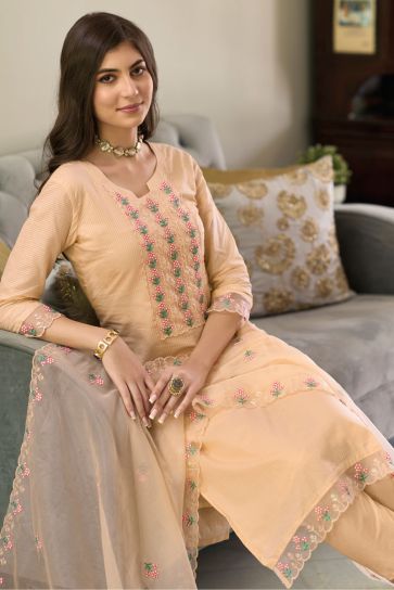 Cream Color Embroidered Cotton Readymade Salwar Suit For Casual Occasions