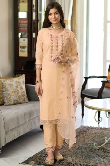 Cream Color Embroidered Cotton Readymade Salwar Suit For Casual Occasions