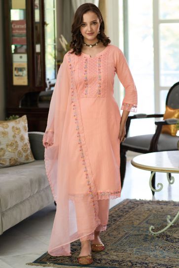 Peach Color Casual Cotton Embroidered Detailing Readymade Salwar Suit