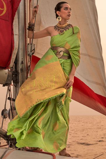 Graceful Functions Wear Weaving Work Art Silk Green Color Saree