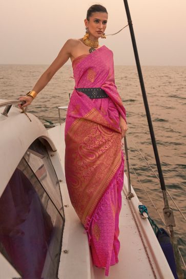 Pink Color Exquisite Art Silk Function Look Saree with Weaving Work