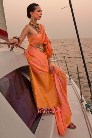 Traditional Function Wear Art Silk Peach Color Saree with Weaving Work