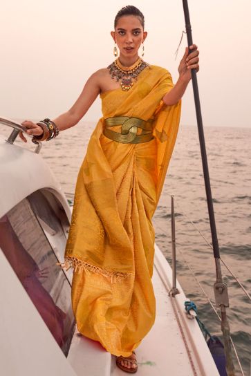 Fashionable Weaving Work Art Silk Function Wear Saree In Mustard Color