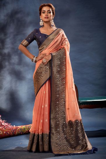 Majestic Orange Color Banarasi Organza Silk Saree with Weaving Work