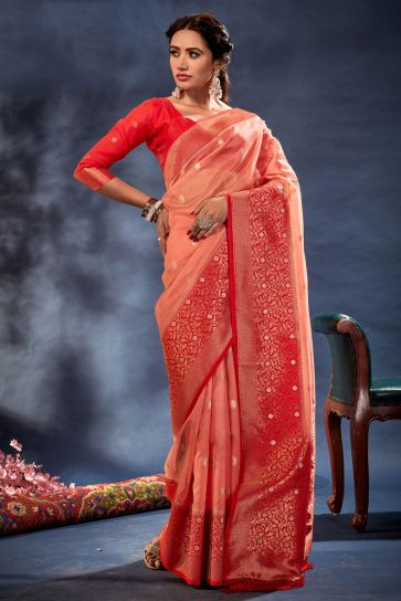 Timeless Peach Color Banarasi Organza Silk Weaving Saree