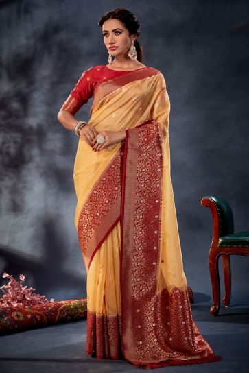 Elegant Yellow Color Banarasi Organza Silk Saree with Weaving Work