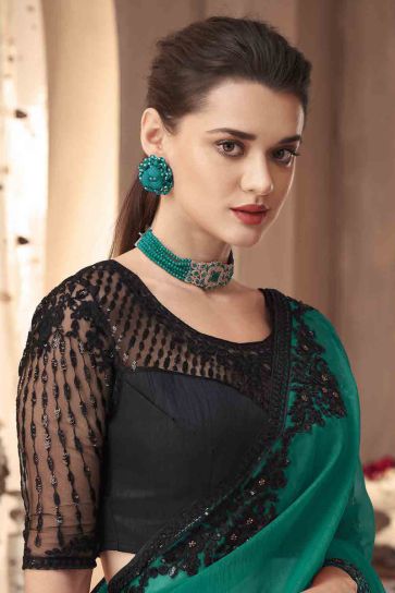 Silk Fabric Reception Wear Classic Lace Border Work Green Color Saree